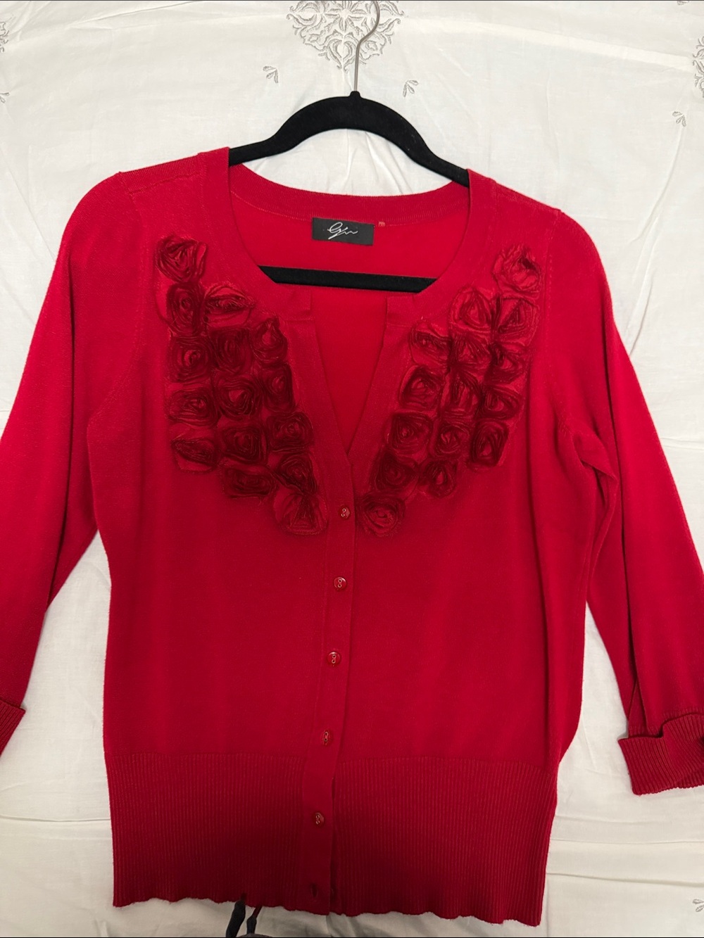 Gilli Red Rose Appliqué Button-Front Cardigan